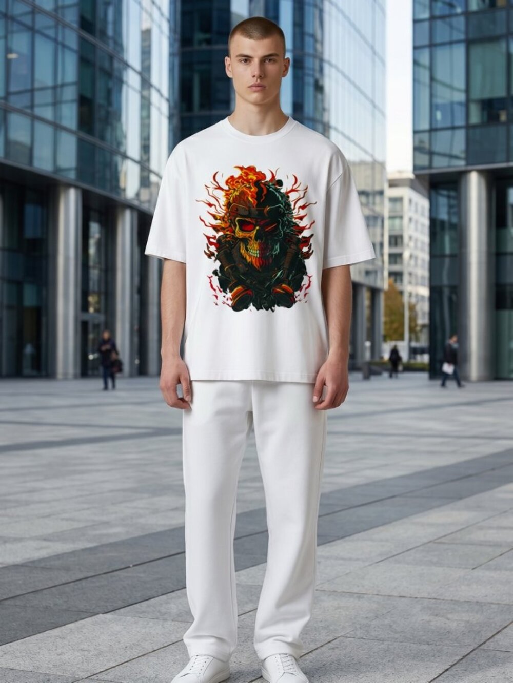 Flaming Skull Graphic Dry Fit T-Shirt White
